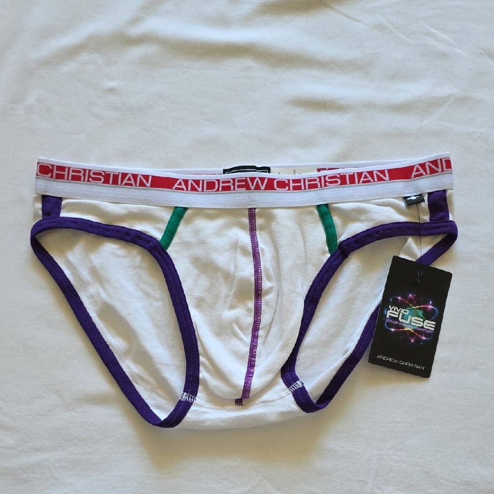 Andrew Christian White Briefs with Purple and Red Accents